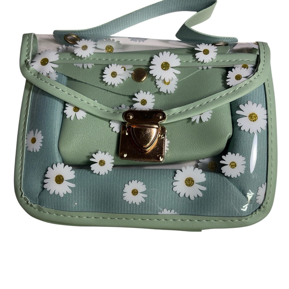 Green and White Mini Clear Bag with Floral Design